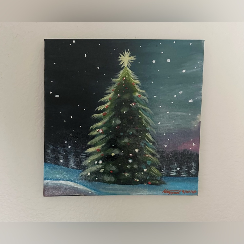 Acrylic Painting of Enchanted Winter Pine: Christmas Tree Delight